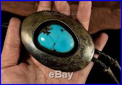 Circa 1950s Old Pawn Vintage NAVAJO Handmade Sterling Morenci Turquoise Bolo Tie