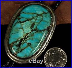 Circa 1950s Old Pawn Vintage NAVAJO Handmade Sterling SLAB Turquoise Bolo Tie