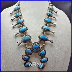 Classic Vintage NAVAJO Sterling Silver & Blue TURQUOISE Squash Blossom NECKLACE