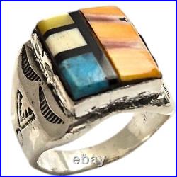 Colorful Vintage Navajo Turquoise Spiny Oyster Inlay Sterling Silver Ring Sz8