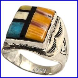 Colorful Vintage Navajo Turquoise Spiny Oyster Inlay Sterling Silver Ring Sz8