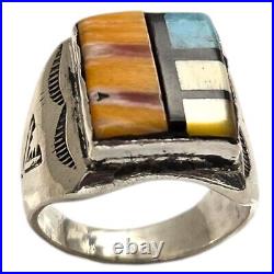 Colorful Vintage Navajo Turquoise Spiny Oyster Inlay Sterling Silver Ring Sz8