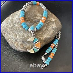 Crescent Multicolor Turquoise Pendant Navajo Sterling Silver Necklace 18731
