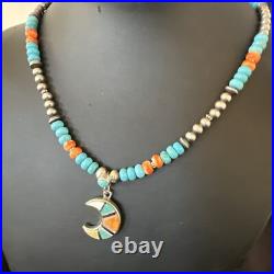 Crescent Multicolor Turquoise Pendant Navajo Sterling Silver Necklace 18731