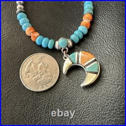 Crescent Multicolor Turquoise Pendant Navajo Sterling Silver Necklace 18731