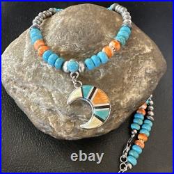 Crescent Multicolor Turquoise Pendant Navajo Sterling Silver Necklace 18731