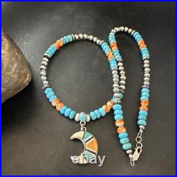 Crescent Multicolor Turquoise Pendant Navajo Sterling Silver Necklace 18731