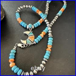 Crescent Multicolor Turquoise Pendant Navajo Sterling Silver Necklace 18731