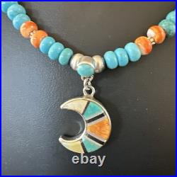 Crescent Multicolor Turquoise Pendant Navajo Sterling Silver Necklace 18731