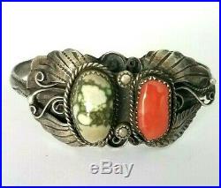 DAMELE TURQUOISE CORAL Sterling Silver Vtg Navajo Old Pawn Cuff Bracelet Signed