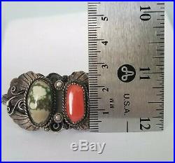 DAMELE TURQUOISE CORAL Sterling Silver Vtg Navajo Old Pawn Cuff Bracelet Signed