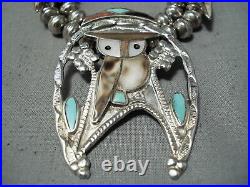Detailed Vintage Zuni Turquoise Owl Sterling Silver Squash Blossom Necklace