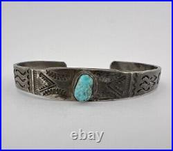 Early Fred Harvey Era Navajo Sterling Silver Turquoise Stamped Cuff Bracelet