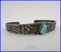 Early Fred Harvey Era Navajo Sterling Silver Turquoise Stamped Cuff Bracelet