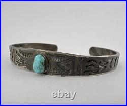 Early Fred Harvey Era Navajo Sterling Silver Turquoise Stamped Cuff Bracelet