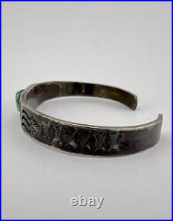 Early Fred Harvey Era Navajo Sterling Silver Turquoise Stamped Cuff Bracelet