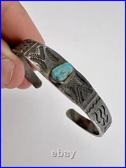 Early Fred Harvey Era Navajo Sterling Silver Turquoise Stamped Cuff Bracelet