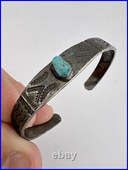 Early Fred Harvey Era Navajo Sterling Silver Turquoise Stamped Cuff Bracelet