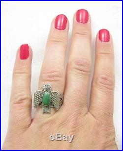 Early Vintage Navajo Fred Harvey Era Thunderbird Green Turquoise Adjustable Ring