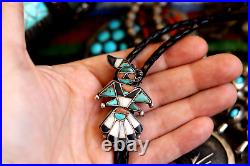 Early vintage MULTI-STONE INLAY ZUNI PARROT bolo sterling C. G. Wallace era bird