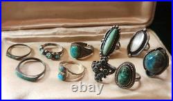 Estate OLD STERLING Vintage & OLD PAWN Native AMERICAN 10 Ring Lot Turquoise