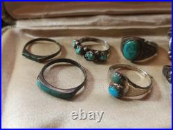 Estate OLD STERLING Vintage & OLD PAWN Native AMERICAN 10 Ring Lot Turquoise