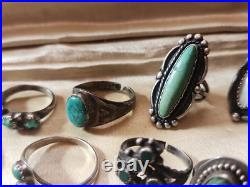 Estate OLD STERLING Vintage & OLD PAWN Native AMERICAN 10 Ring Lot Turquoise