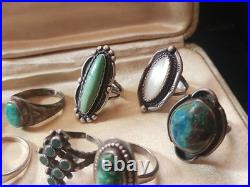 Estate OLD STERLING Vintage & OLD PAWN Native AMERICAN 10 Ring Lot Turquoise