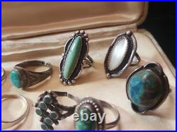 Estate OLD STERLING Vintage & OLD PAWN Native AMERICAN 10 Ring Lot Turquoise