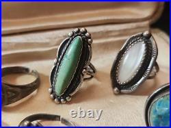 Estate OLD STERLING Vintage & OLD PAWN Native AMERICAN 10 Ring Lot Turquoise
