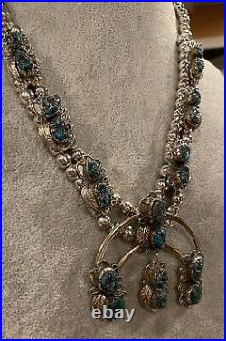 Estate Vintage Native Sterling Silver Turquoise Squash Blossom Necklace Signed