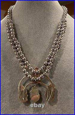 Estate Vintage Native Sterling Silver Turquoise Squash Blossom Necklace Signed