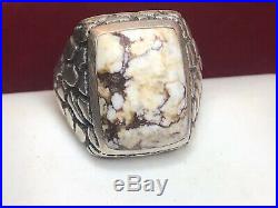 Estate Vintage Sterling Silver White Buffalo Turquoise Ring Men's Signed Band