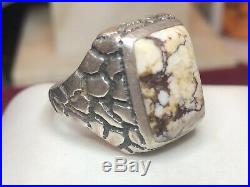 Estate Vintage Sterling Silver White Buffalo Turquoise Ring Men's Signed Band