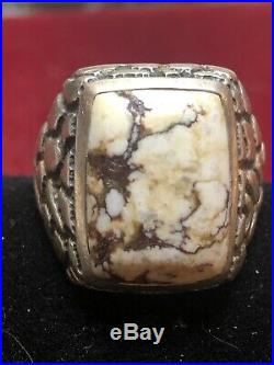 Estate Vintage Sterling Silver White Buffalo Turquoise Ring Men's Signed Band