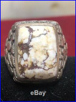 Estate Vintage Sterling Silver White Buffalo Turquoise Ring Men's Signed Band