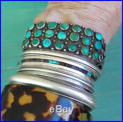 Fine Old Vintage Silver Indian Zuni 3 Row Green Blue Turquoise Cuff Bracelet