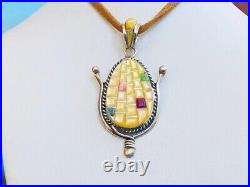 First Nations Native American Corn Husk Gemstone Pendant Necklace Silver Vintage
