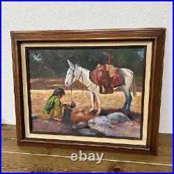 Framed Native American Oil Painting by Catherine Anne Vintage 1984 Donkey & Girl