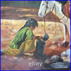 Framed Native American Oil Painting by Catherine Anne Vintage 1984 Donkey & Girl
