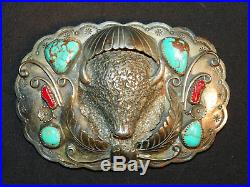 GIANT Vintage Sterling & Turquoise & Coral Buffalo Head Belt Buckle 128 Grams