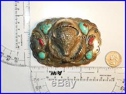 GIANT Vintage Sterling & Turquoise & Coral Buffalo Head Belt Buckle 128 Grams
