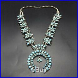 GRAND Vintage NAVAJO Sterling Silver Turquoise Cluster SQUASH BLOSSOM Necklace