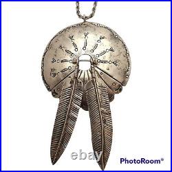 Gorgeous HUGE Vintage NAVAJO Sterling SILVER CONCHO FEATHERS pendant Sam Begay