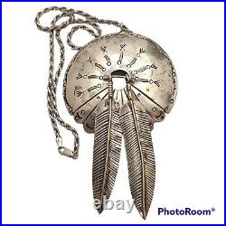 Gorgeous HUGE Vintage NAVAJO Sterling SILVER CONCHO FEATHERS pendant Sam Begay