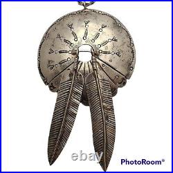 Gorgeous HUGE Vintage NAVAJO Sterling SILVER CONCHO FEATHERS pendant Sam Begay