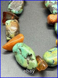 Gorgeous Vintage Native American Turquoise Amber Stones Necklace 75 grams