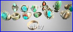 Great LOT 13 Native American Vintage Sterling Silver Rings Turquoise Some Signed