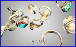 Great LOT 13 Native American Vintage Sterling Silver Rings Turquoise Some Signed