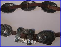 Great Vintage Navajo Indian Leather Belt With Silver Conchos & Turquoise Buckle
